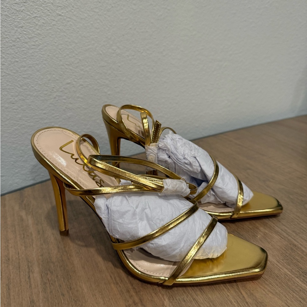 Lulu's Shiny Gold Strappy Heels